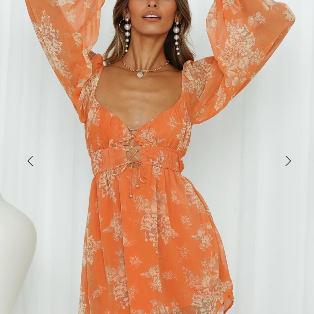 Hello Molly mini dress orange floral XS cute summer boho beige cream flirty